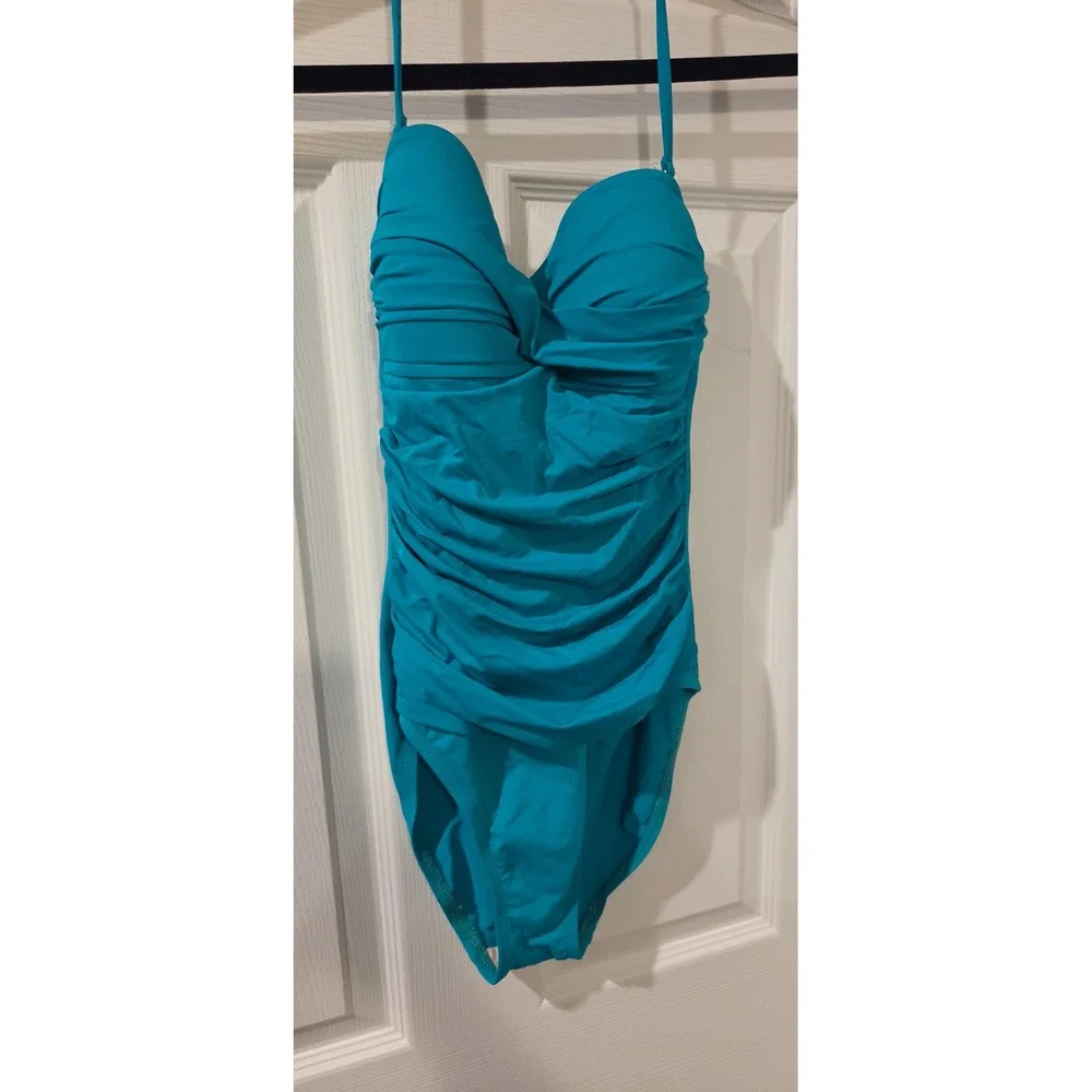 La Blanca One Piece Swimsuit 4 Teal Ruched Tummy Control Bandeau Strapless